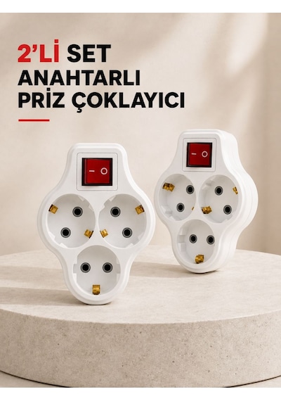 Anahtarlı 3 Çıkışlı Priz Çoğaltıcı Ev Ofis İçin Kablosuz 2 Li lı Set