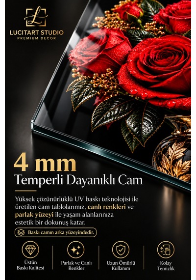 Kırmızı Güller Dekoratif Cam Tablo 4 Mm Temperli Cam Duvar Tablosu Siyah Zemin