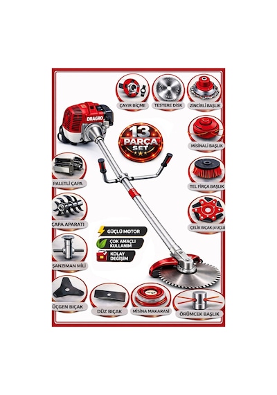 Dragro German DRG-13 + Yan Tipi Benzinli Ot Çalı Çim Biçme Tırpanı + Full Set Hediyeli + Çift Çapa K