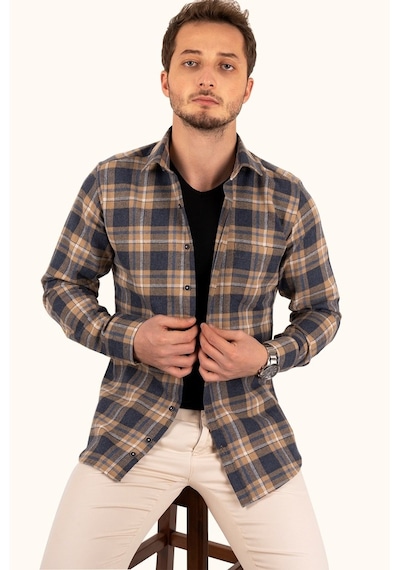 Hardal Lacivert Çizgili Slimfit Oduncu Gömlek Hardal