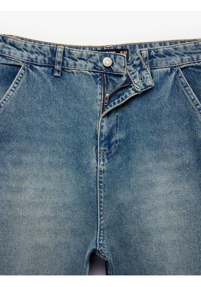 Koton Pamuklu Cepli Oversize Normal Bel Bol Skater Jean Pantolon Orta İndigo 6sam40369nd