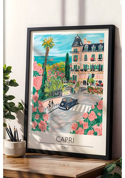 İtalya Capri Temalı Çerçeveli Tablo Travel Serisi Modern İllüstrasyon Ada Manzaralı Duvar Dekoru Siyah