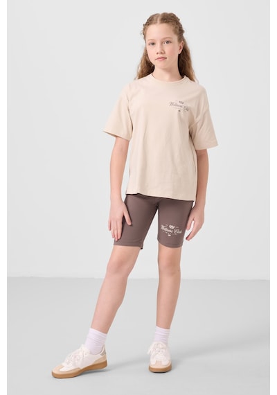 Tommylife Bej-kahverengi Pamuklu O Yaka Standart Fit Baskılı Kız Çocuk Tayt Takım - 75190 Bej