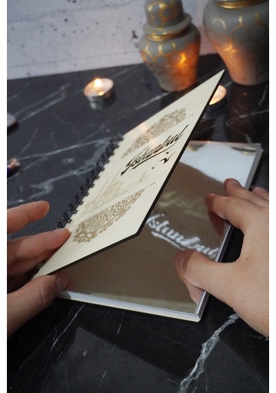 A5 Spiralli Istanbul Desen Ahşap Defter - Ajanda - Çizgisiz Defter Ahşap Rengi Banu - A5 Notebook Gümüş