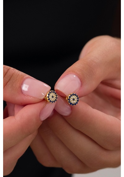 Gümüş 7.5 Mm Nazar Boncuklu Boncuğu Minimal Küçük Yuvarlak Çivili Altın Gold Kaplama Küpe Altın