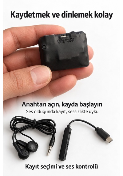 32 Gb Mini Ses Kayıt Cihazı 20 Güne Kadar Kesintisiz Kayıt, Sese Duyarlı, Kulaklık Ve Type-c Otg