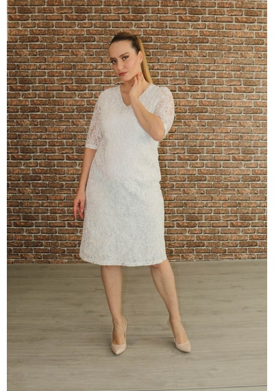 Nidya Moda Büyük Beden Kadın Ekru Dantel Elbise-4161E Ekru
