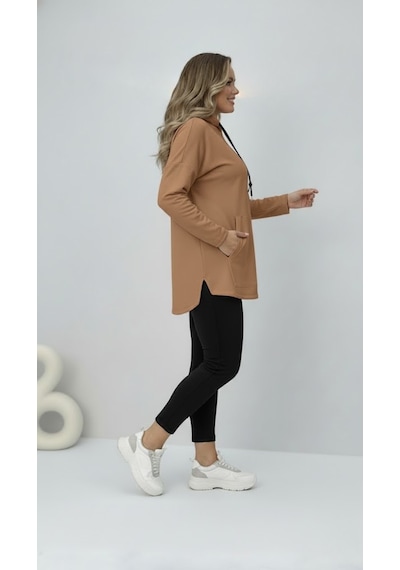Koza Butik Kadın Büyük Beden Uzun Kollu Kapüşonlu Kanguru Cepli Sweatshirt 2016 Bej