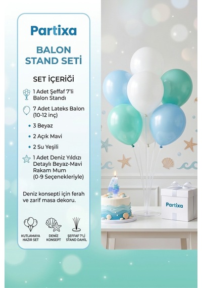 Deniz Yıldızı Temalı Beyaz Mavi Rakam Mum Ve Balon Standı Seti - Doğum Günü Parti Süsleri 0-9 Yaş 1 - 5