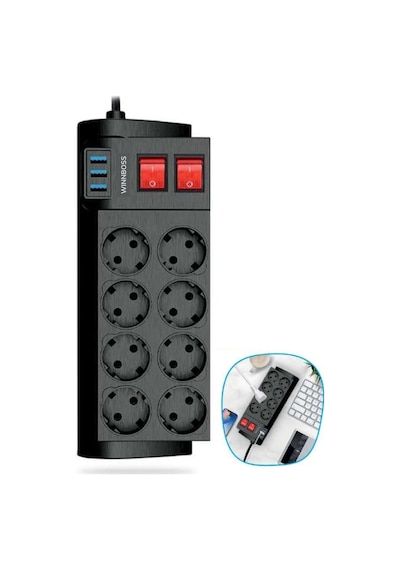 Buffer Isıya Dayanıklı Termal Akım Korumalı 2 Metre 16a 4000w 8li Priz Ve 3 Usb Li Uzatma Kab