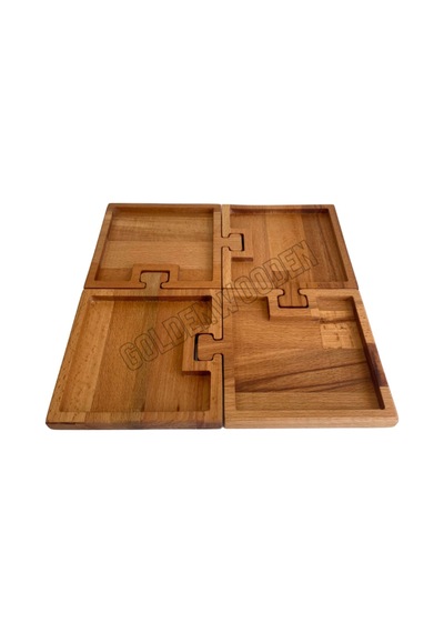 Doğal Ahşap Puzzle Sunum Tabakları Kare Ahşap Çerez Tabakları Kayın/gürgen 4 Parça