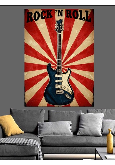 Ahşap Tablo Kırmızı Beyaz Retro Fonlu Roc'n Roll Gitarı