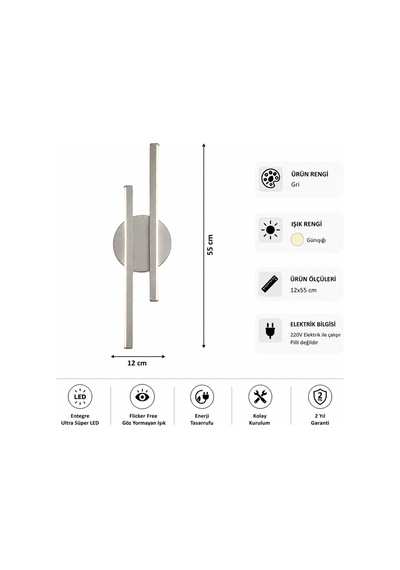 Aden Modern Led Duvar Apliği Günışığı Gri