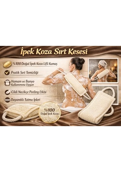 İpek Koza Sırt Kesesi, Doğal İpek Lifli Özel Dokuma, Çift Tutma İpli Ergonomik Tasarım, Hamam Ve Banyo Kullanım