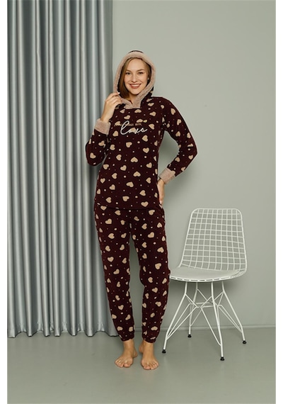 Akbeniz Welsoft Polar Kadın Kapşonlu Pijama Takımı 8513 - L Bordo