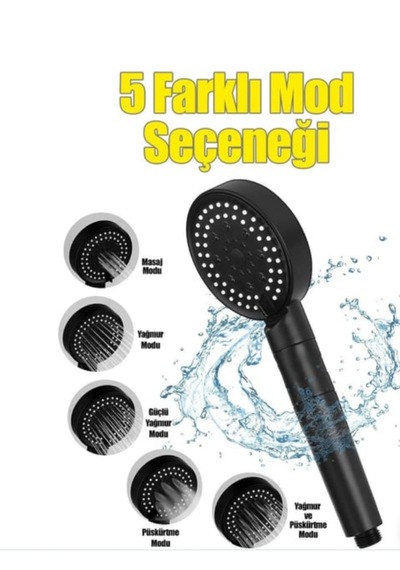 5 Fonksiyonlu Yüksek Basınçlı Duş Başlığı Yuvarlak Abs Plastik Malzeme İle Siyah Renk 3 Lü Set