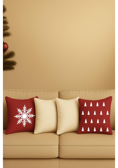 Yılbaşı Temalı Kırlent Kılıfı 4 Lü Set Kırmızı18