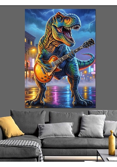 Ahşap Tablo Gitar Çalan Dinozor Rockçı