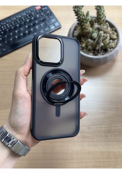 Apple Uyumlu iPhone 14 Pro Max Standlı Ve Yüzüklü Magsafe Kılıf Soocase721 Siyah