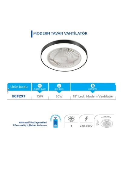Vanti Kcf297 15w Ledli Dekoratif Tavan Vantilatörü Siyah