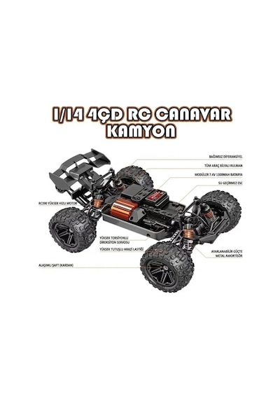 Uzaktan Kumandalı Şarjlı Işıklı 1:14 4wd 55 Km/h Servo Motorlu 2.4ghz Off-road Oyuncak Arazi Arabası Çok Renkli