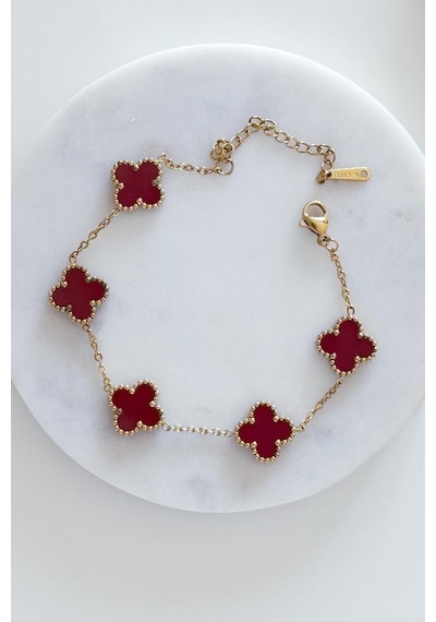 Gold Bordo Doğal Taşlı Premium Çelik Bileklik Gold
