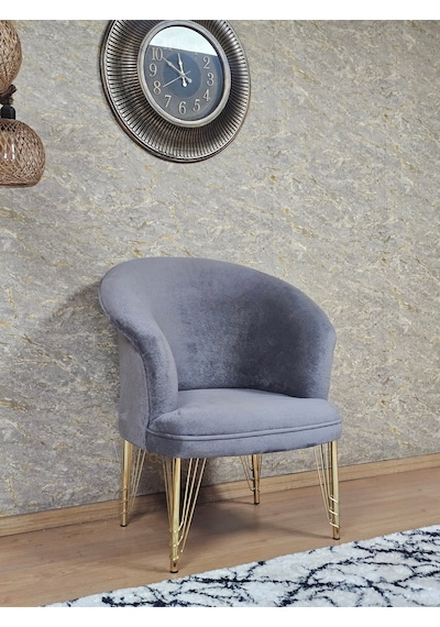 Zafir Tekli Teddy Gold Kaplama Telli Ayak Çay Seti Koltuk Tekli Berjer , Balkon, Salon, Ofis Gri