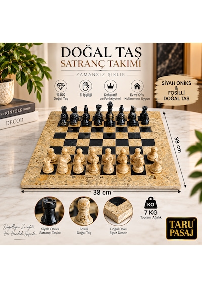 Siyah Oniks Ve Fosilli Doğal Taş Satranç Takımı 38x38 Cm El Yapımı Dekoratif Satranç Seti