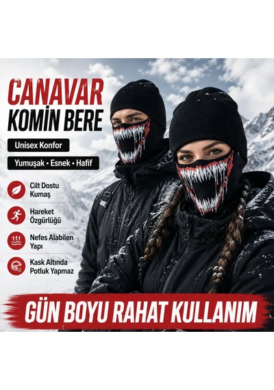 Unisex Canavar Diş Baskılı Balaklava 1 Adet Tek Beden Viskoz Kask İçi Motosiklet Maskesi