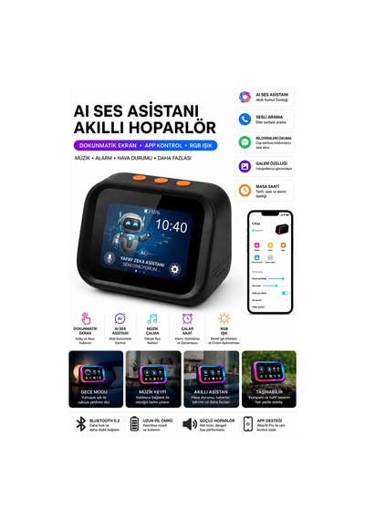 Yapay Zeka Sesli Asistan Akıllı Bluetooth Hoparlör AI Sohbet 21 Dil Çeviri Dokunmatik Ekran Dijital Masa Saati Bluetooth 5.4
