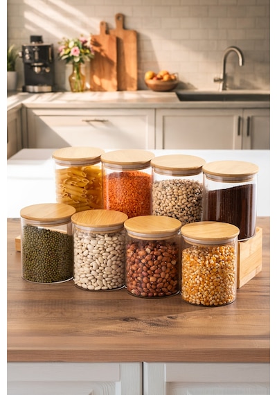 Porsima 1-4 Bambu Borosilikat Vakumlu Kapaklı Yuvarlak Cam 8li Kavanoz Seti Saklama Kabı 750ml 10x12cm