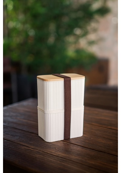 Makri Home Bambu Kapaklı 2 Katlı Saklama Kabı Seti - 2x1 Litre Krem