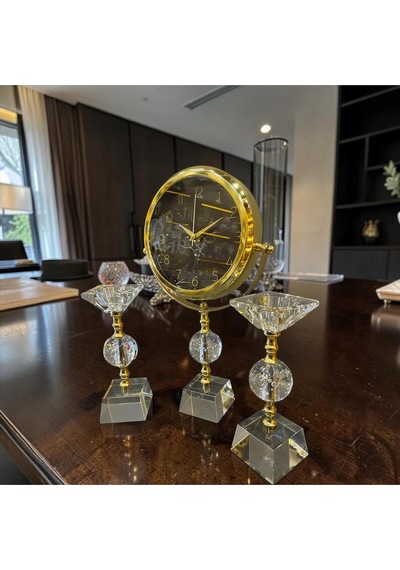 Crystal Gold Dekoratif Masa Saati Seti Lüks Cam & Metal Modern Salon Ve Ofis Aksesuarı Altın