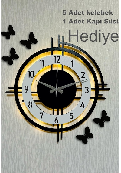 Pey Aksesuar Işıklı Ahşap Duvar Saati 48 Cm Dekoratif Modern Tasarım 0240-beyaz-şekilli-48cm