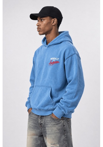 Respire Erkek Pis Dikiş Detaylı Yıkamalı Oversize Hoodie Bebe Mavi