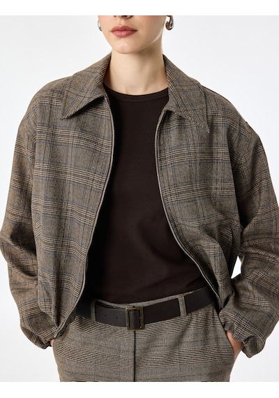 Koton Cepli Fermuarlı Ekose Oversize Bomber Ceket Kahverengi Ekose 7wak50019pw