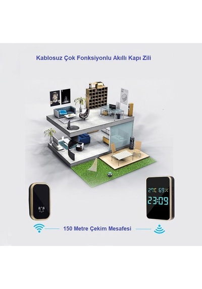UpWay Kablosuz Pil Gerektirmeyen Kapı Zili Dijital Ekran Saat Der