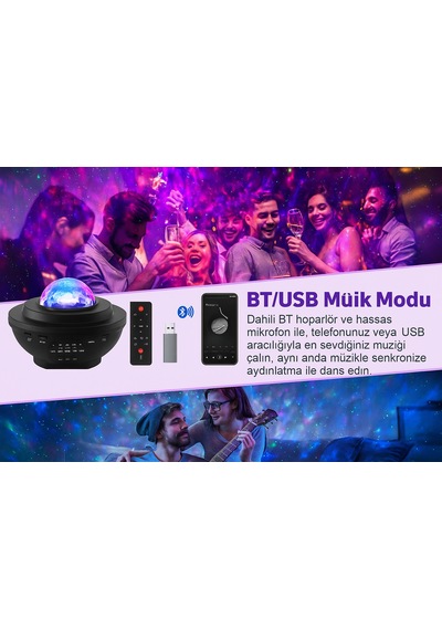 Bluetooth Hoparlörlü Star Projeksiyon Gece Lambası Kumandalı