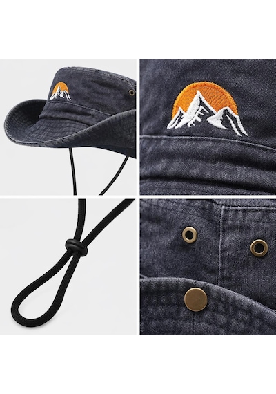 Valkyrie Outdoor Balıkçı Şapkası Geniş Kenarlı Dağ Nakışlı Kamp Yürüyüş Balıkçı Şapka Siyah Siyah