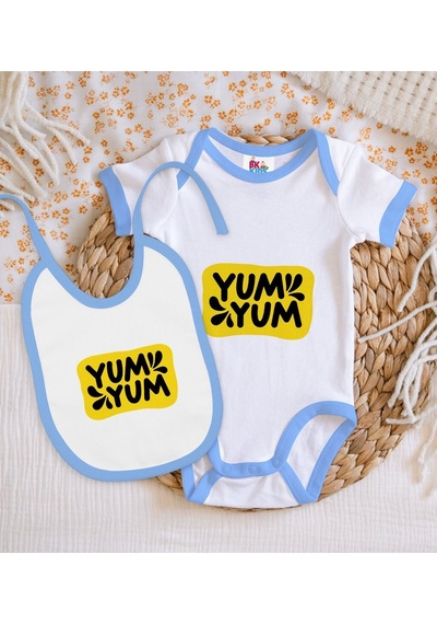 Bk Kids Yum Yum Tasarımlı Mavi Bebek Body Zıbın Ve Mama Önlüğü He Çok Renkli