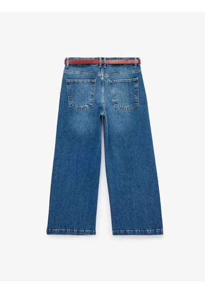 Koton Kemerli Cepli Normal Bel Pamuklu Kısa Geniş Paça Denim Pantolon - Crop Wide Leg Jeans Koyu İndigo 7wal40249md