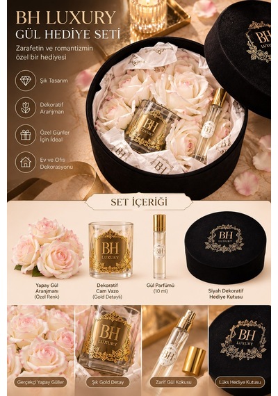 Bh Luxury Beyaz Pembe Yapay Gül Ve Gül Parfümü Hediye Seti Siyah Kutulu Beyaz - pembe