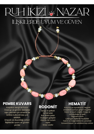 Sertifikalı Pembe Kuvars, Rodonit Ve Hematit Doğal Taşlı Kadın Bileklik / Bronz Gold Pembe