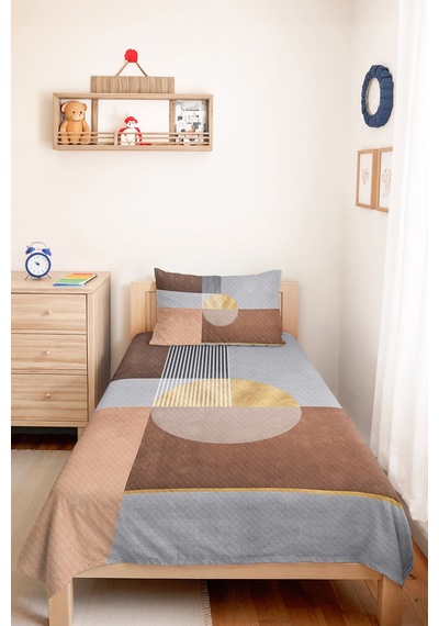 Geometrik Gri Genç Odası Tek Kişilik Pike Takımı - Modern Vizon Bej 160x220 Cm Kapitone Yatak Örtüsü Kırık Perde Kırığı