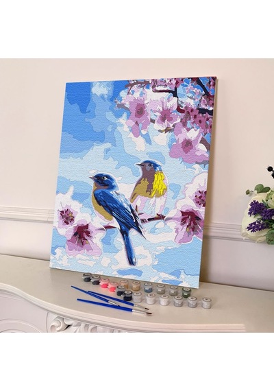 Sayılarla Boyama Seti 40 x 50 CM Tuval Şasesine Gerili Bahar Dalında Kuşlar