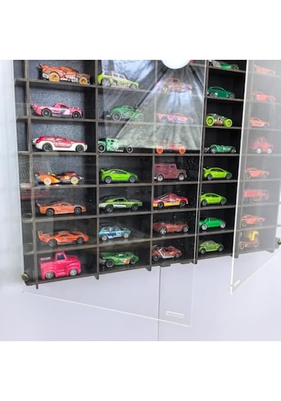 Pleksi Kapaklı 1/64 Ölçek 50araç Hotwheels Matchbox Metal Araç Uyumlu Model Oyuncak Araba Rafı Aahşap