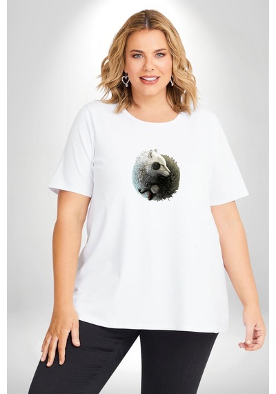 Angemiel Yin İle Yang Beyaz Beyaz Kurt Beyaz Büyük Beden Kadın Erkek Ünisex Basic Ön Baskılı Tişört Beyaz