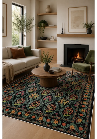 Modern Floral Desen Baskılı Kaymaz Yıkanabilir Salon Oturma Odası Mutfak Balkon Halısı Yolluk Siyah