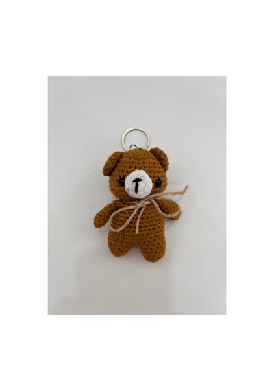 El Yapımı Amigurumi Ayıcık Anahtarlık - Örgü Figür, Jüt Fiyonklu 9-10 Cm Kahverengi Kahverengi