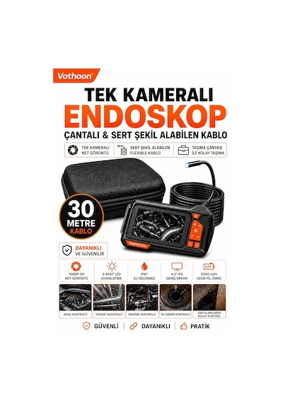 Ekranlı Tek Kameralı 30 Mt Sert Kablo Yılan Endoskop Kamera 8 Mm 4.3 Inc